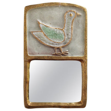 Ceramic Wall Mirror with Gold Crackle Glaze and Stylised Bird by François Lembo (circa 1960s)