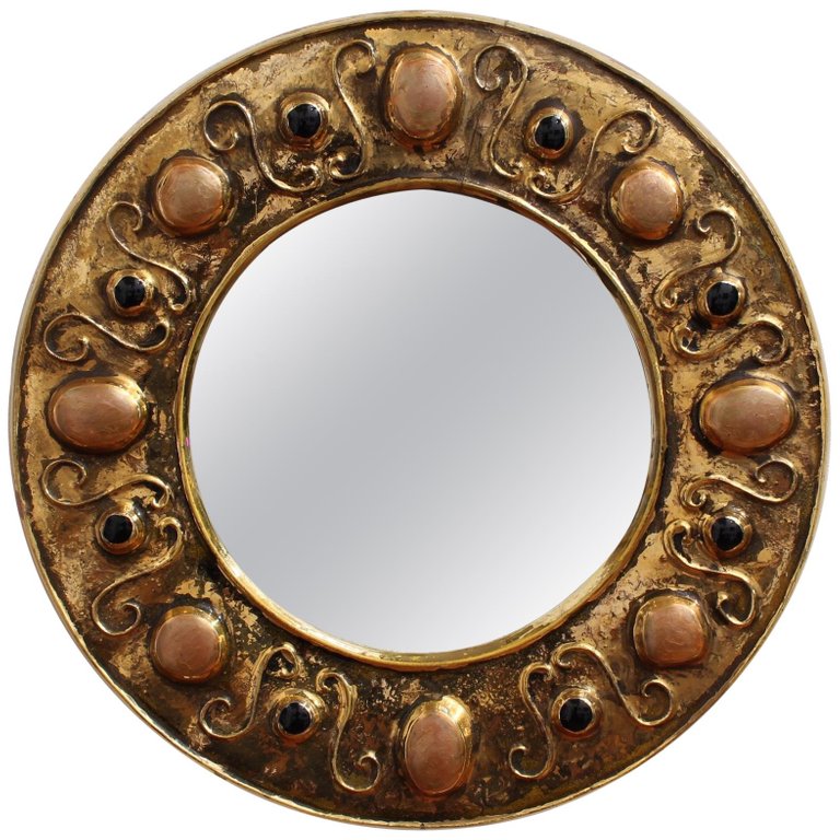 Gilded Ceramic Decorative Wall Mirror by François Lembo (Circa 1960s - 70s)
