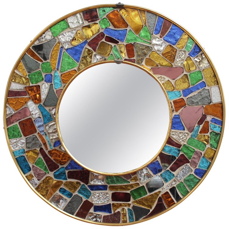 Mid-Century Spanish Circular Brass Wall Mirror with Mosaic Surround (circa 1960s)