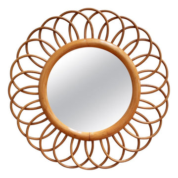 Mid-Century French Rattan Flower-Shaped Wall Mirror (circa 1960s)