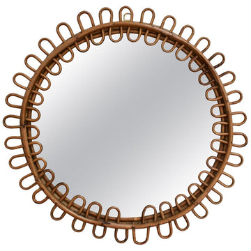 Mid-Century Italian Round Rattan Mirror (circa 1960s)