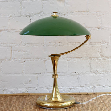 Italian Mid-Century Brass-Covered Desk Lamp with Green Shade (circa 1950s)