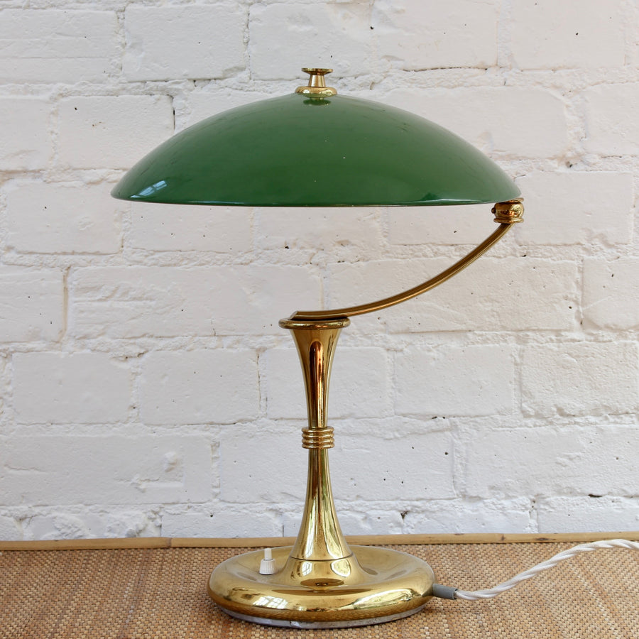 Italian Mid-Century Brass-Covered Desk Lamp with Green Shade