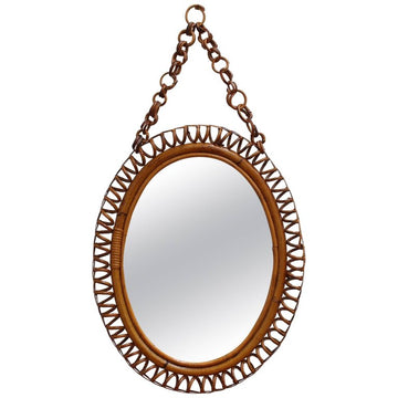 Italian Oval Shaped Rattan and Bamboo Wall Mirror (circa 1960s)