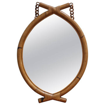 Italian 'Eye-Shaped' Style Bamboo and Rattan Mirror with Hanging Chain (circa 1960s)