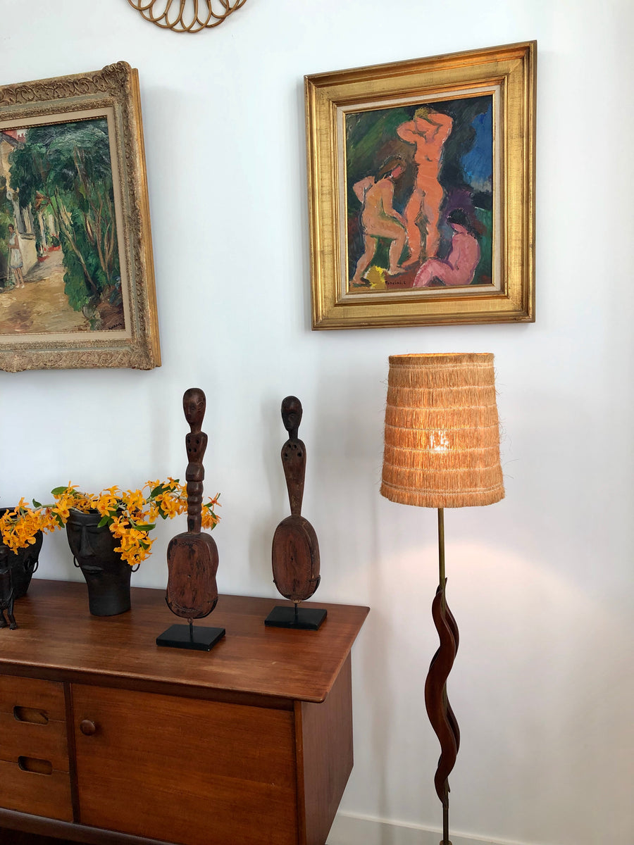 Mid-Century French Wooden and Brass Floor Lamp (circa 1950s)