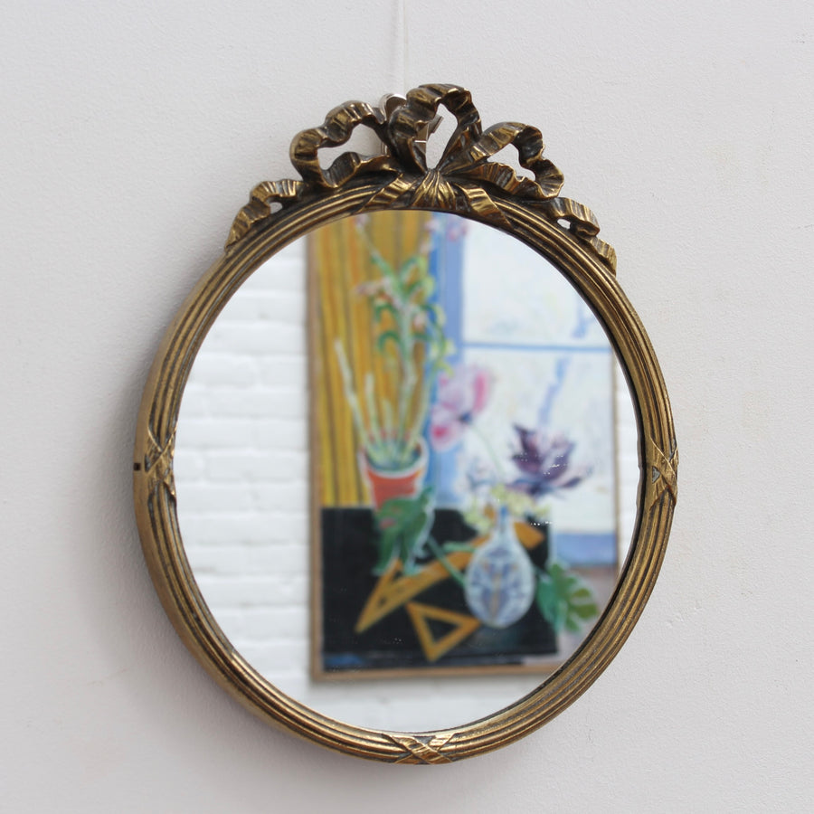 Mid-Century Italian Wall Mirror with Brass Frame and Ribbon Crest (circa 1950s) - Small