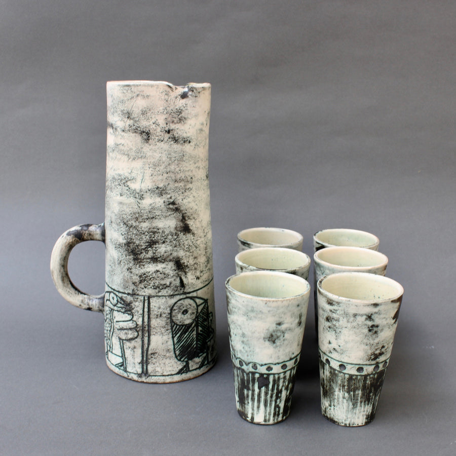 Ceramic Pitcher and 6-Cup Set by Jacques Blin (circa 1950s)