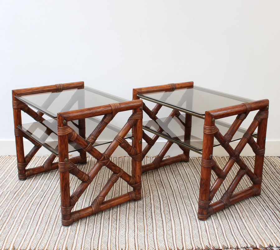 Pair of Vintage Italian Bamboo Side Tables with Glass Tops (circa 1970s)