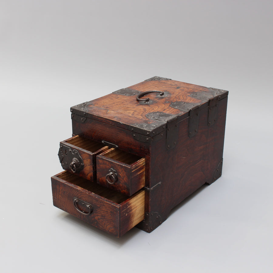 Labeled Japanese Writing Box Antique Japanese Wooden Writing Box with Decorative Hardware (Meiji Er ...