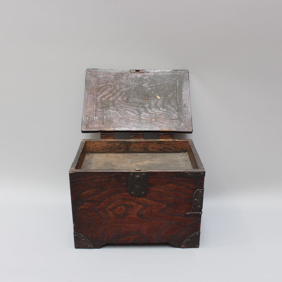 Antique Japanese Wooden Writing Box with Decorative Hardware (Meiji Era)
