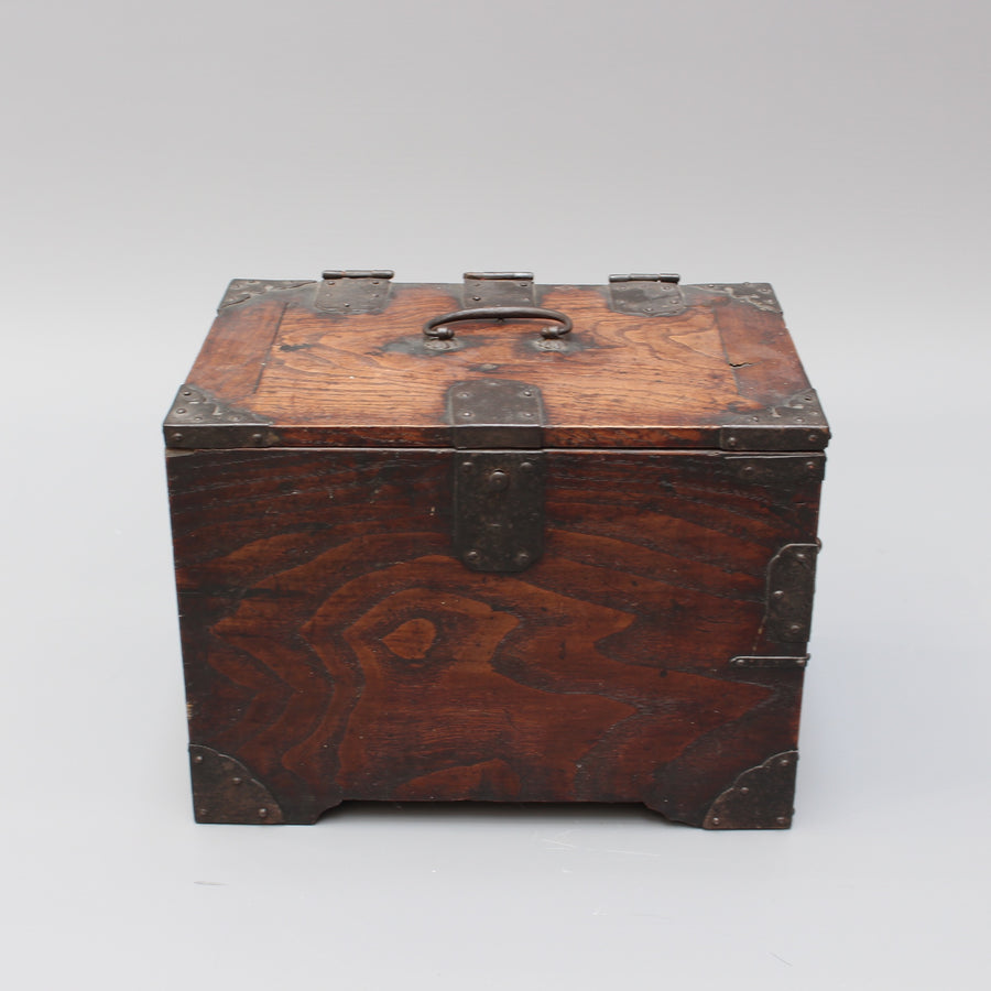 Antique Japanese Wooden Writing Box with Decorative Hardware (Meiji Era)