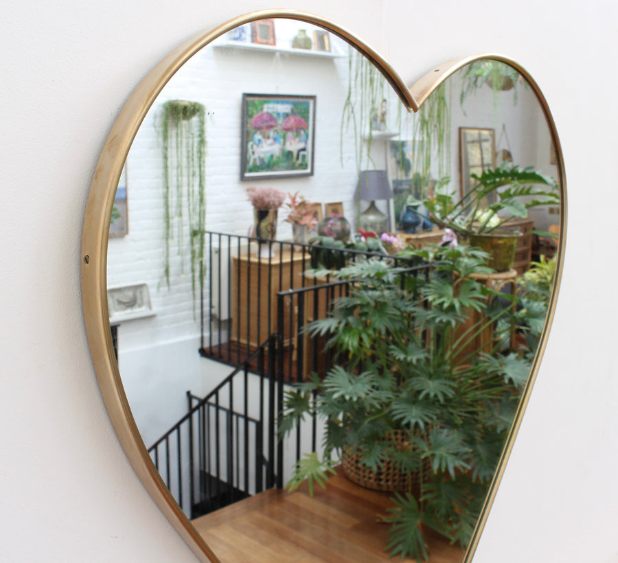 Pair of Vintage Italian Heart-Shaped Wall Mirrors with Brass Frames (circa 1960s)