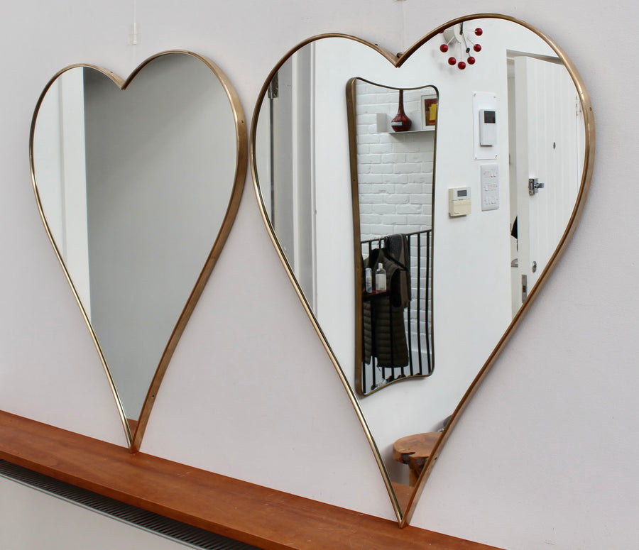 Pair of Vintage Italian Heart-Shaped Wall Mirrors with Brass Frames (circa 1960s)