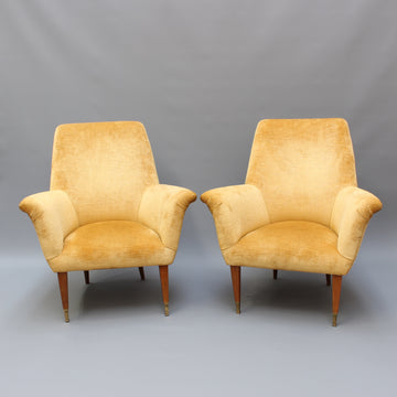 Pair of Mid-Century Italian Armchairs in Golden Velvet (circa 1950s)