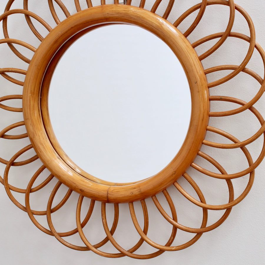 Mid-Century French Rattan Flower-Shaped Wall Mirror (circa 1960s)