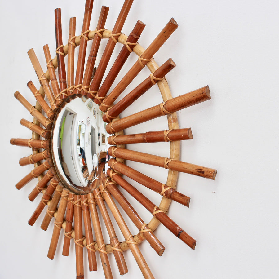 Mid-Century French Convex Sunburst Bamboo Mirror (circa 1960s)