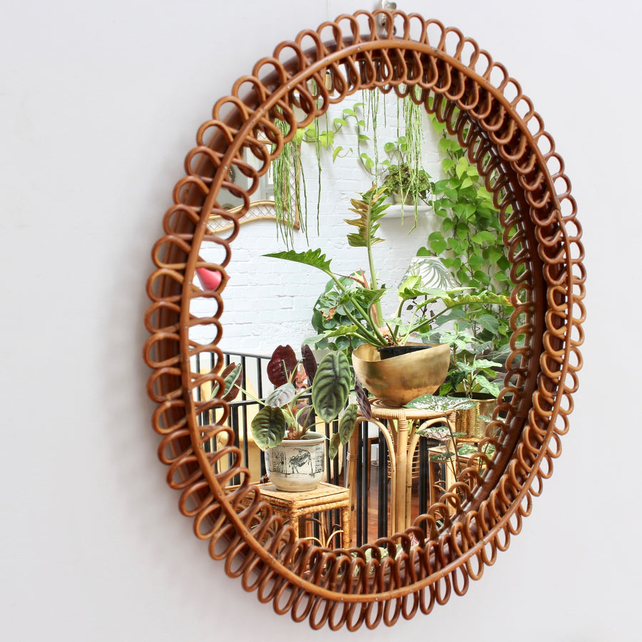 Mid-Century Italian Rattan Round Wall Mirror (circa 1960s)