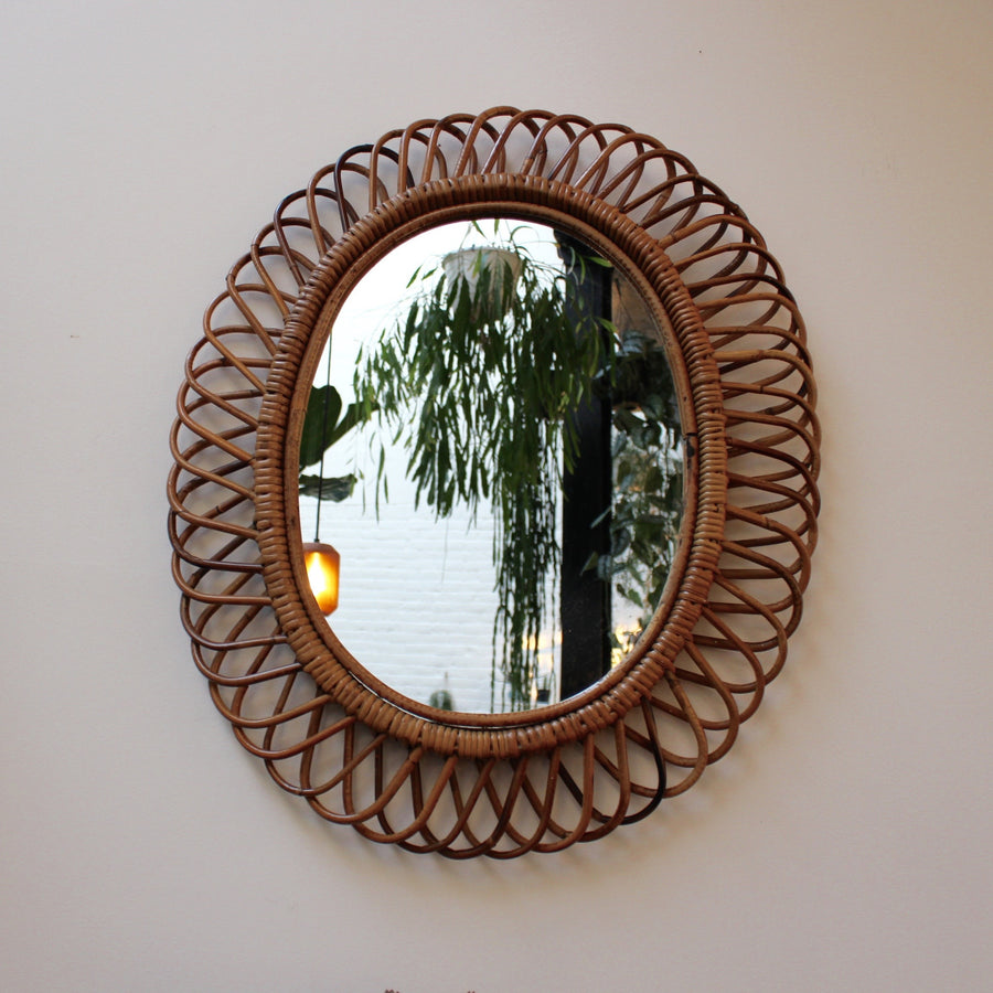 Italian Rattan Wall Mirror In the Style of Franco Albini (c. 1950s)