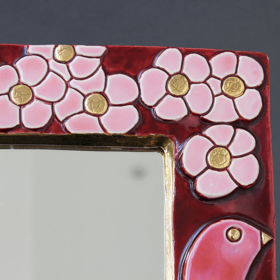 Mid-Century Ceramic Wall Mirror with Flower Motif and Stylised Birds by Mithé Espelt (circa 1960s)