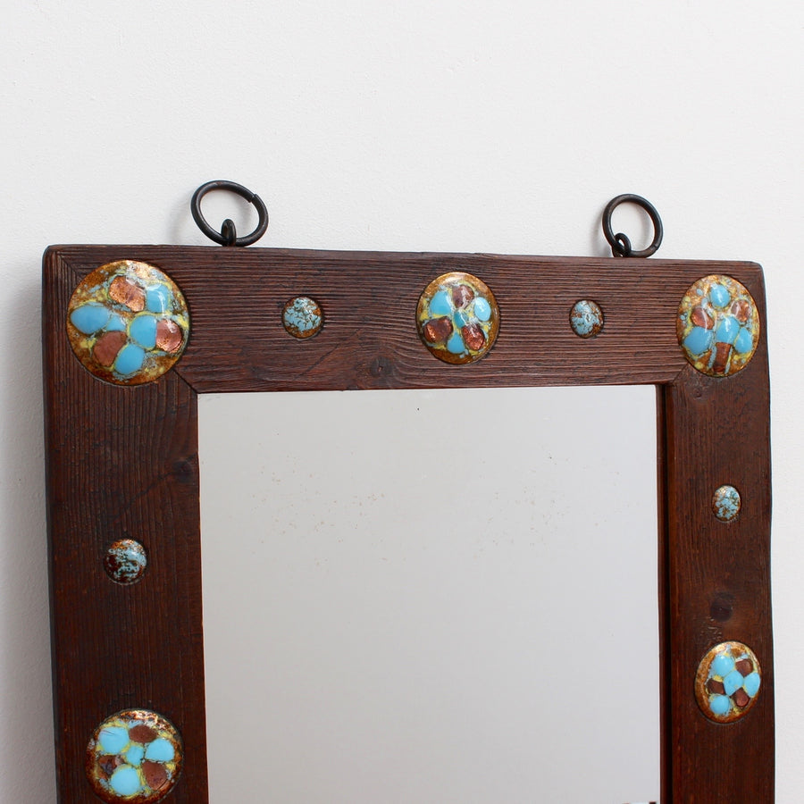 Wooden Mirror with Enamel Copper Decoration by Capo Esmaltes (Circa 1960s)