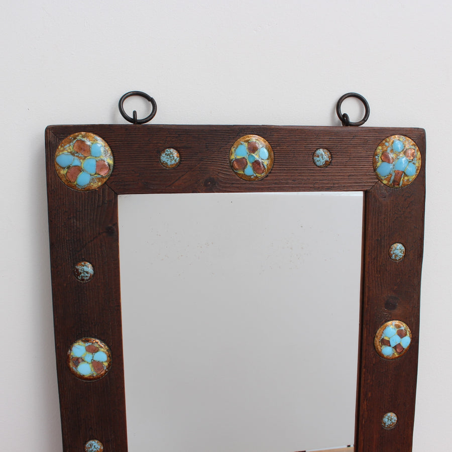 Wooden Mirror with Enamel Copper Decoration by Capo Esmaltes (Circa 1960s)