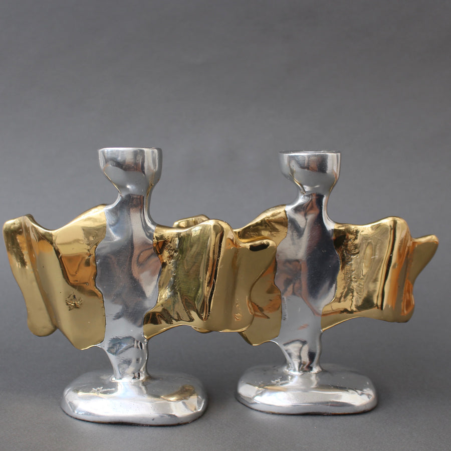 Pair of Brutalist Aluminium and Brass Candlesticks by David Marshall (circa 1990s)