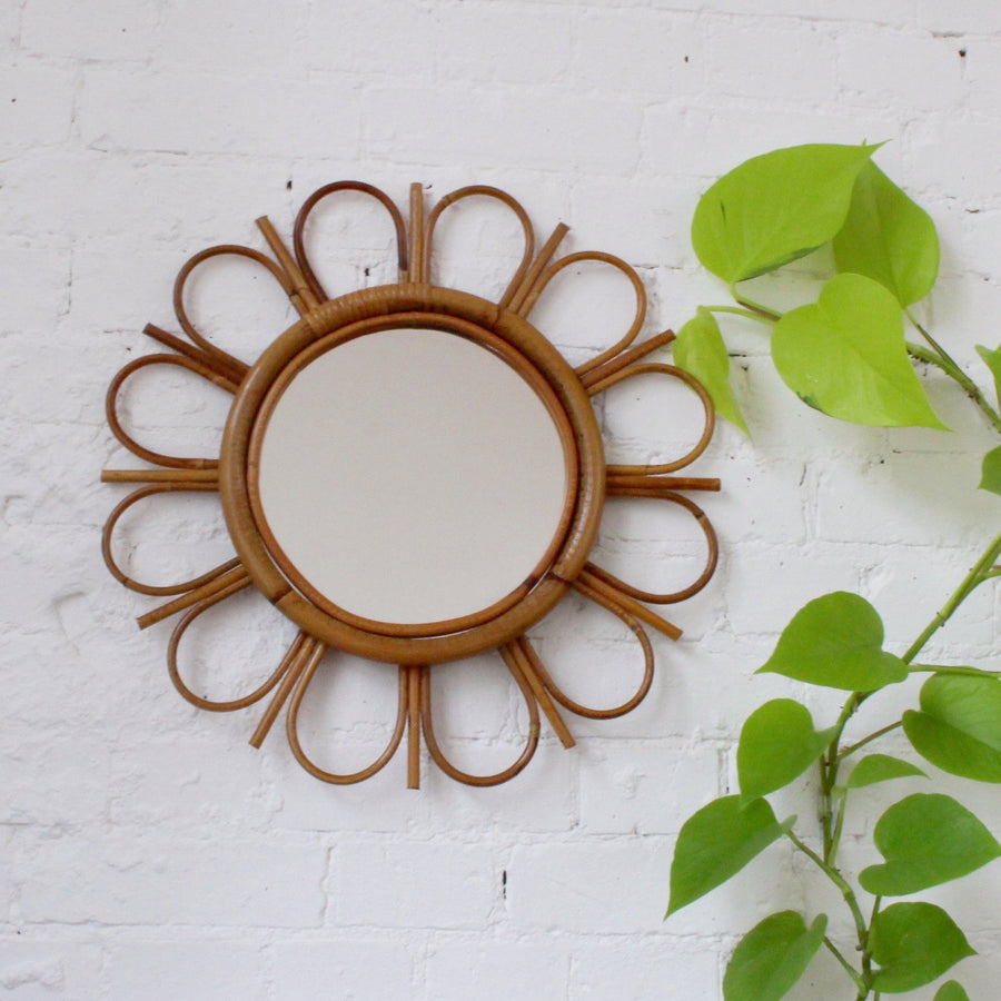 Mid-Century French Bamboo and Rattan Sunflower Mirror (c. 1960s)