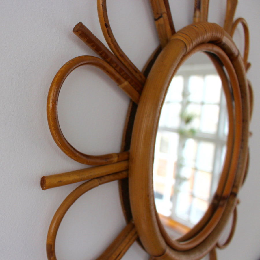 Mid-Century French Bamboo and Rattan Sunflower Mirror (c. 1960s)