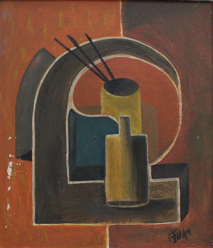 'Artist's Brushes and Bottle' by Unknown Artist with Initials F.U. (1949)