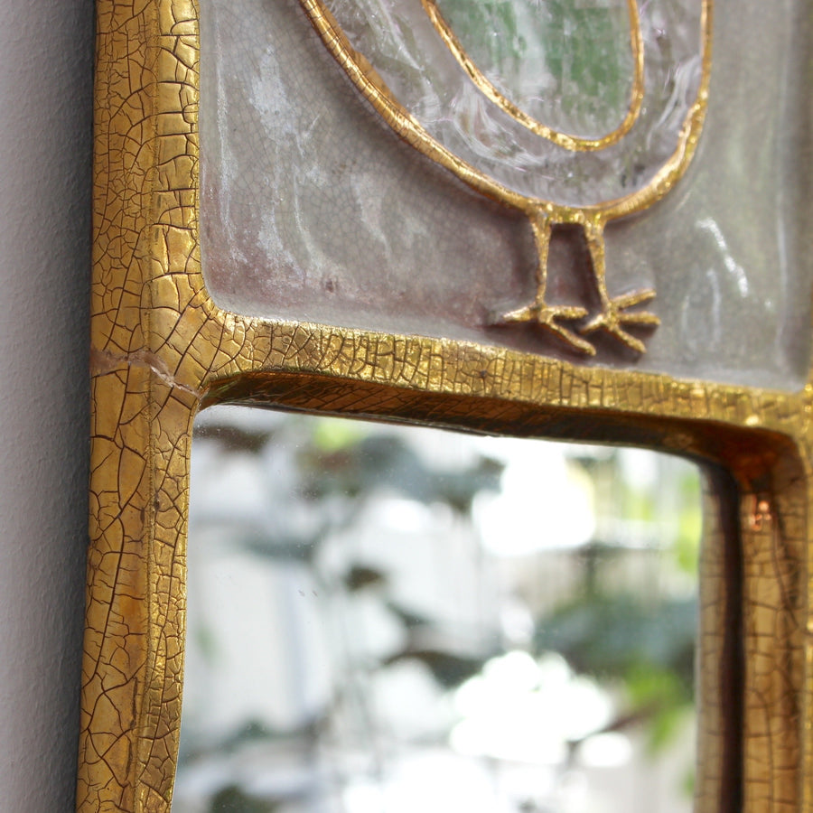 Ceramic Wall Mirror with Gold Crackle Glaze and Stylised Bird by François Lembo (circa 1960s)