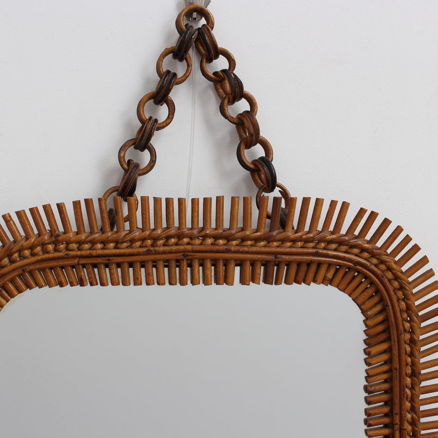 Mid-Century Italian Rattan Mirror with Hanging Chain (circa 1960s)
