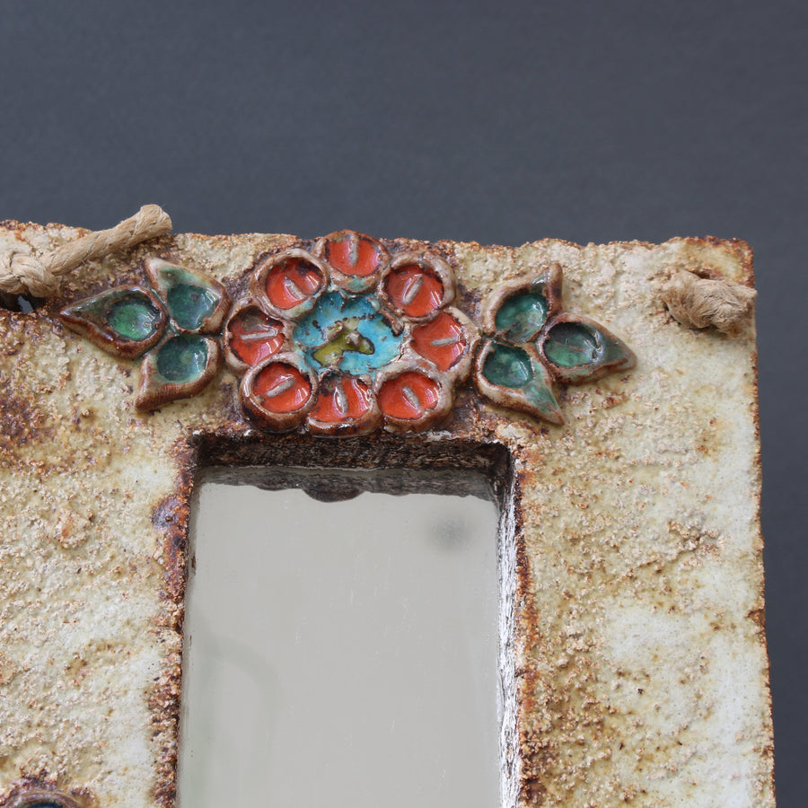 Mid-Century French Ceramic Wall Mirror with Flower Motif by La Roue (circa 1960s)