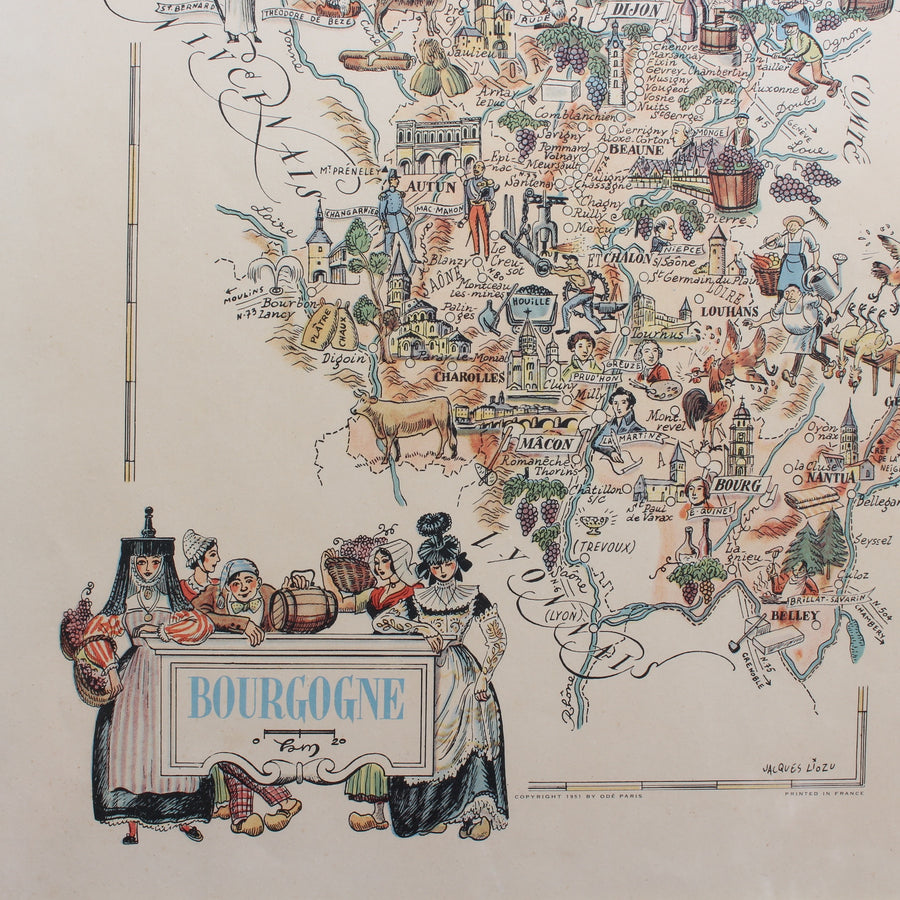 Original Vintage Burgundy Map Poster by Jacques Liozu (1951)