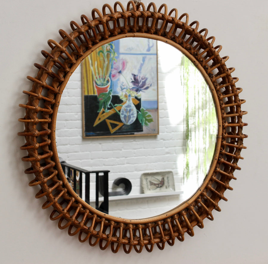 Vintage Italian Rattan Wall Mirror (circa 1960s)