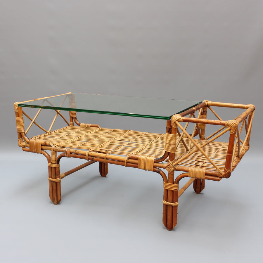Italian Bamboo and Rattan Coffee Table with Glass Top (circa 1960s)