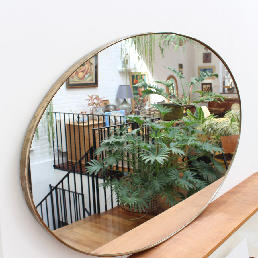 Mid-Century Italian Oval Wall Mirror with Brass Frame (circa 1950s) - Large