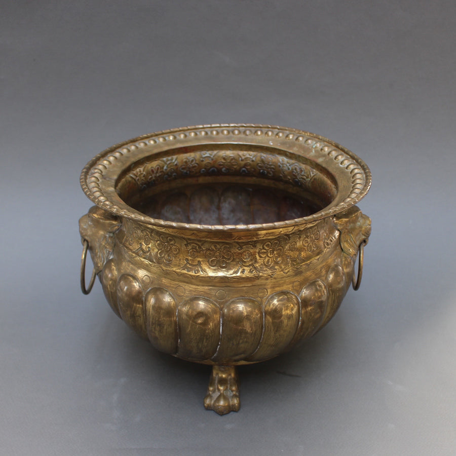 Three-Legged French Brass Pot with Lion Motif (c. Early 20th Century)