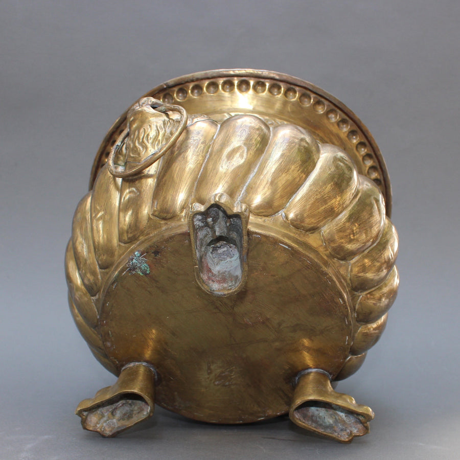 Three-Legged French Brass Pot with Lion Motif (c. Early 20th Century)