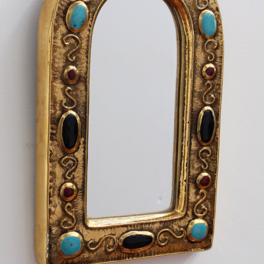 Byzantine Style Decorative Glazed Ceramic Wall Mirror by François Lembo (Circa 1960s - 70s)