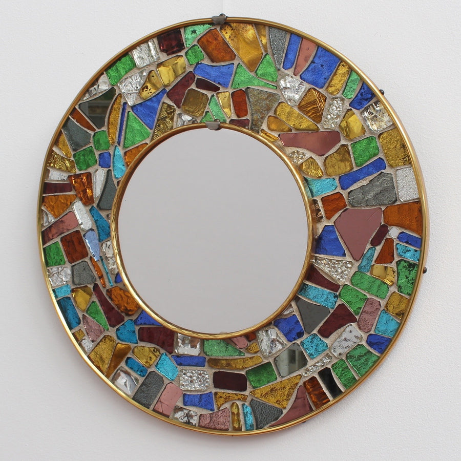 Mid-Century Spanish Circular Brass Wall Mirror with Mosaic Surround (circa 1960s)