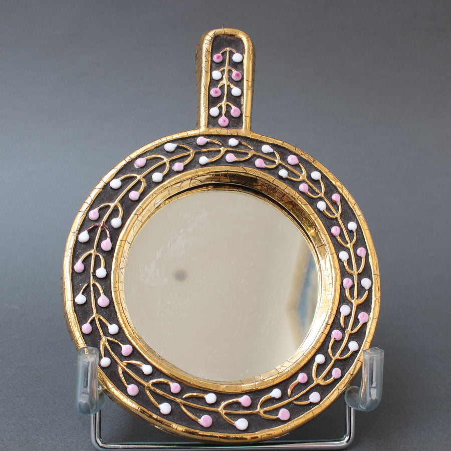 Ceramic Hand Mirror with Flower Bud Motif by Mithé Espelt (circa 1960s)