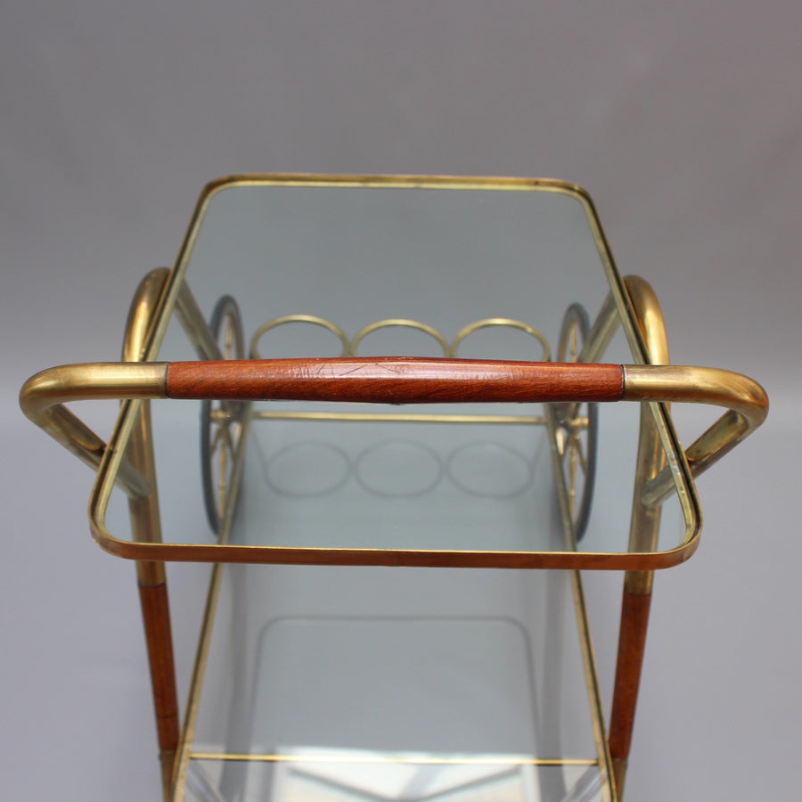Brass Serving Trolley with Wood Trim by Cesare Lacca (c. 1950s)