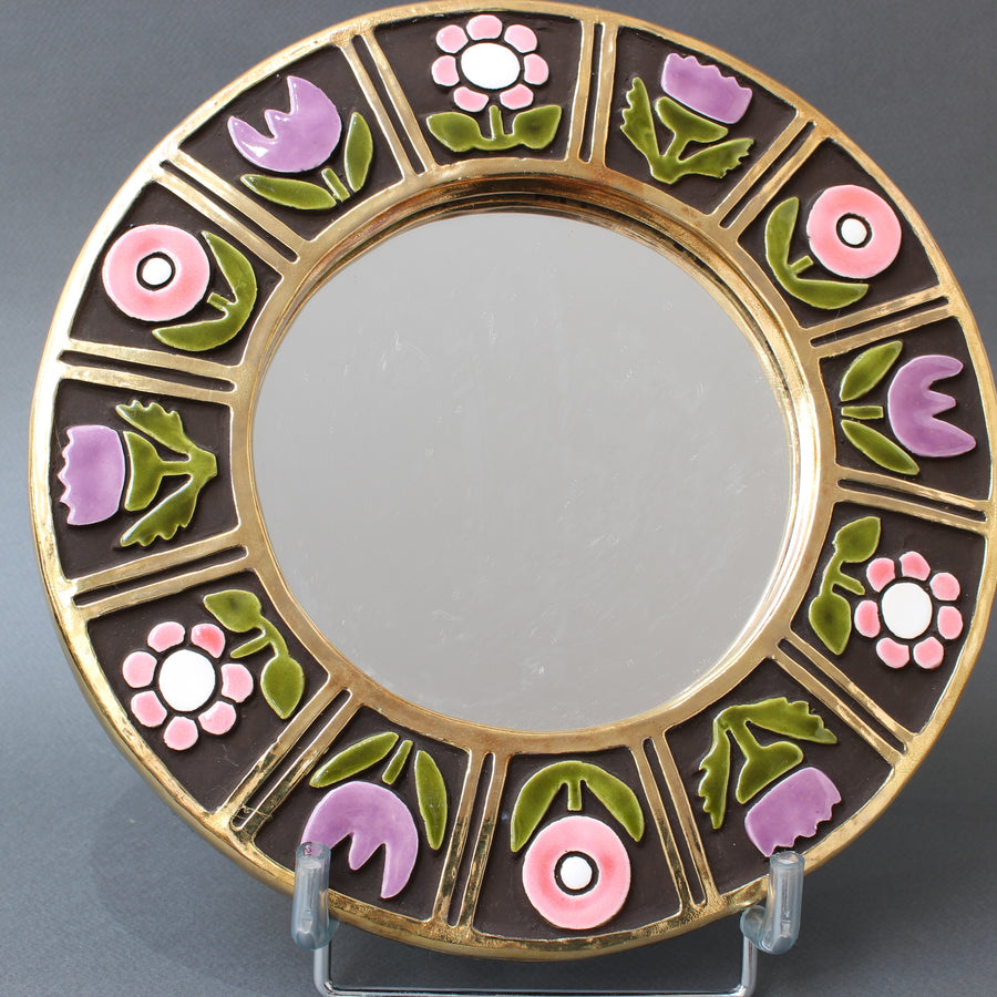 Ceramic Wall Mirror with Flower Motif by Mithé Espelt (circa 1960s)