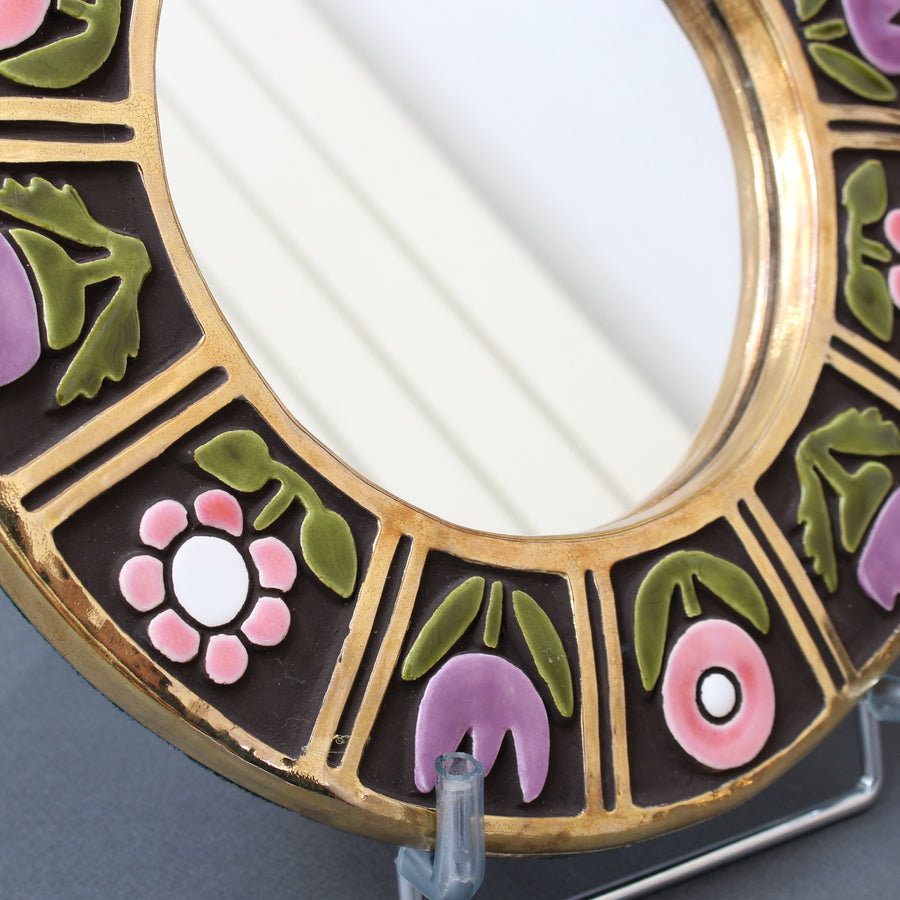 Ceramic Wall Mirror with Flower Motif by Mithé Espelt (circa 1960s)