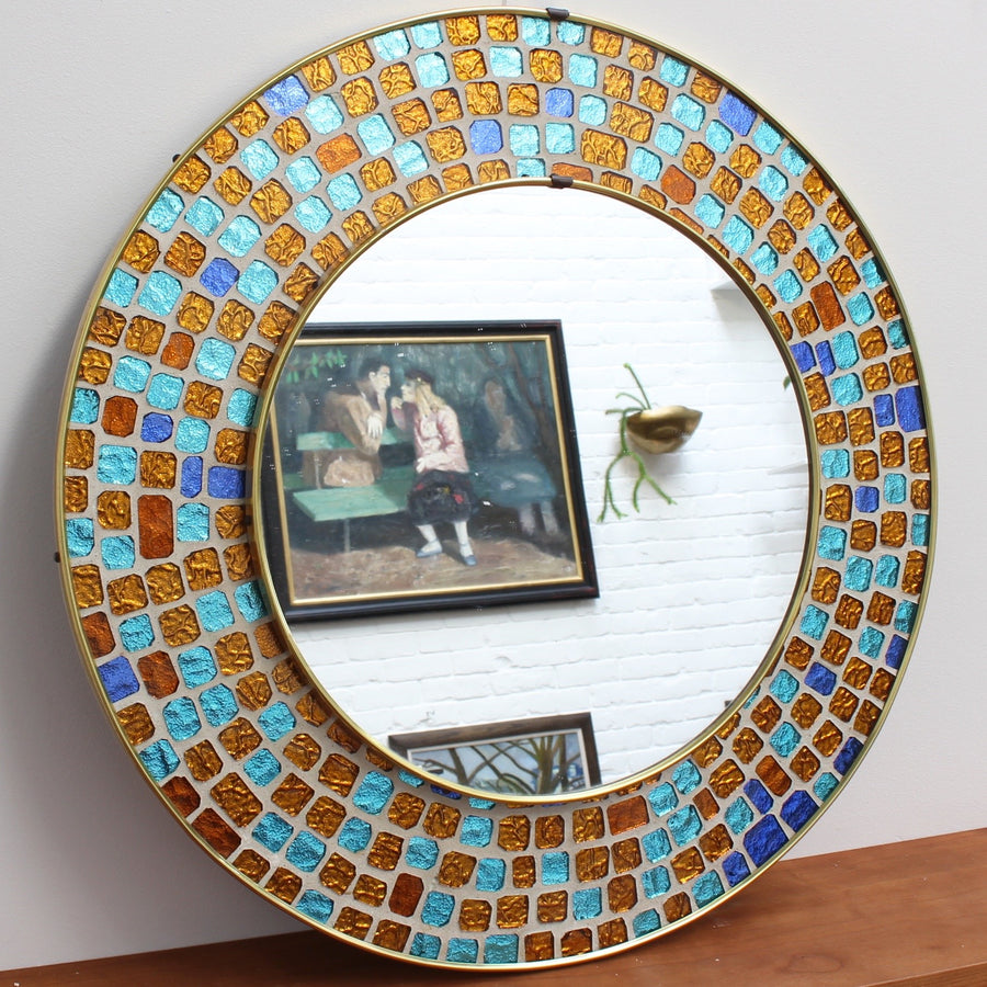 Mid-Century Circular Brass Wall Mirror with Decorative Mosaic Glass (circa 1960s)