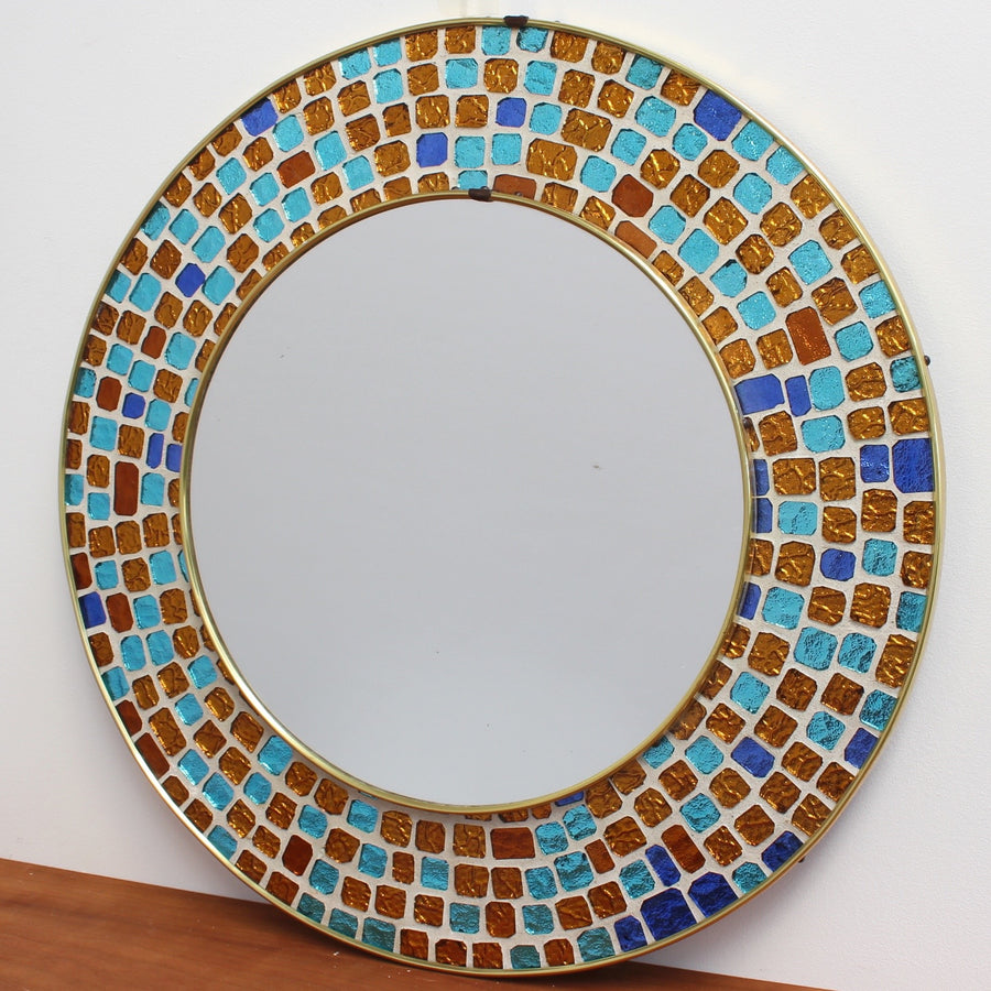 Mid-Century Circular Brass Wall Mirror with Decorative Mosaic Glass (circa 1960s)