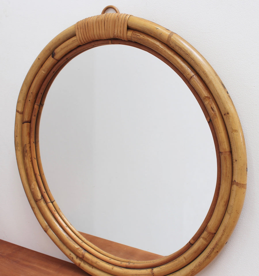 Mid-Century Italian 'Porthole' Bamboo and Rattan Wall Mirror (circa 1960s)