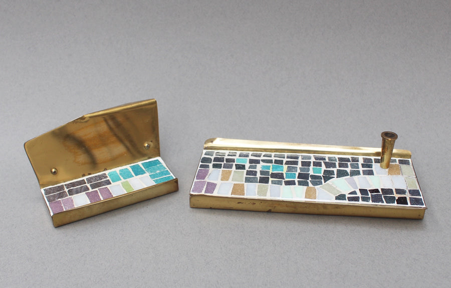 Mid-Century Brass and Mosaic Tile Desk Accessories Set (c. 1960s)