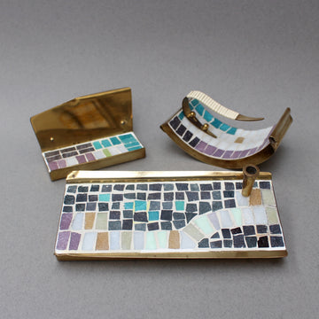 Mid-Century Brass and Mosaic Tile Desk Accessories Set (c. 1960s)